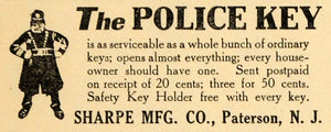 1920 Ad Sharpe Manufacturing Police Key Opens All Doors - ORIGINAL ILW1