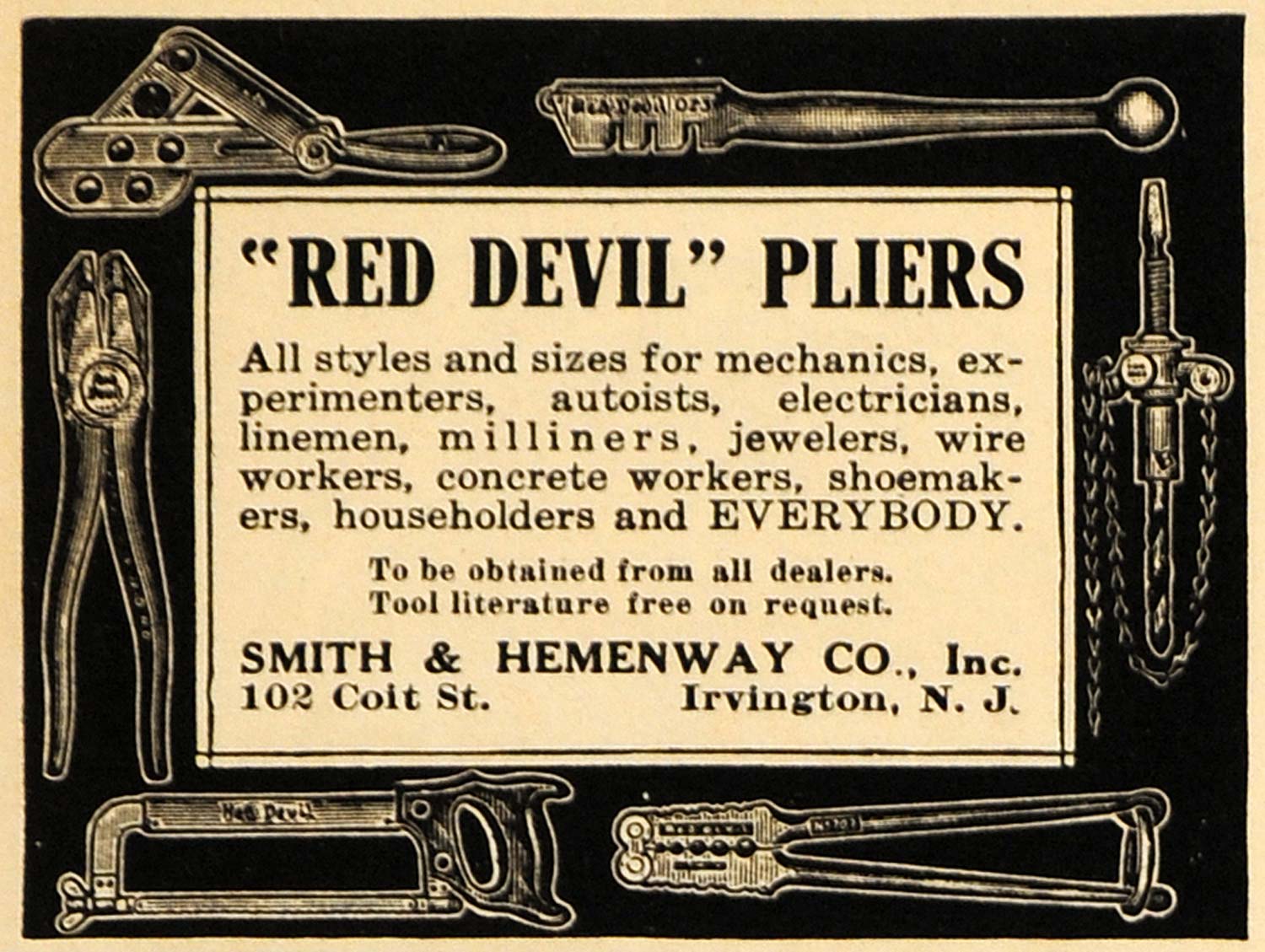 1917 Ad Smith Hemenway Red Devil Pliers Hardware Tools - ORIGINAL ILW1