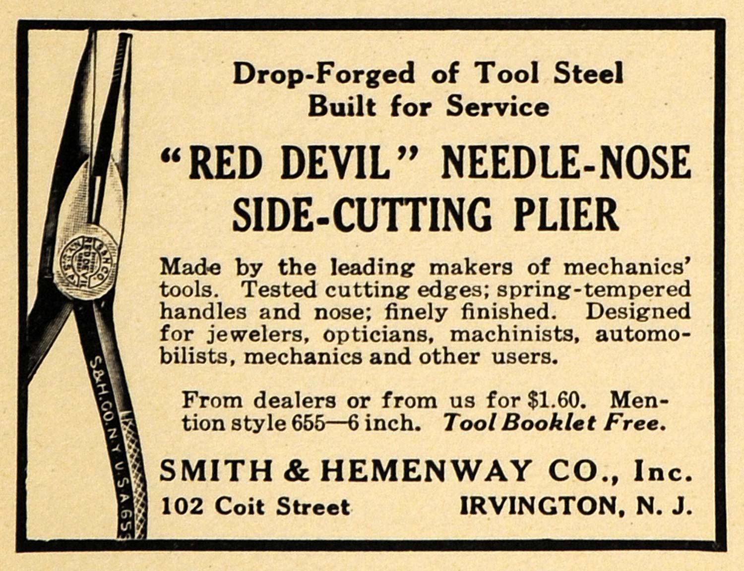 1918 Ad Hemenway Irvington Red Devil Needle Nose Pliers - ORIGINAL ILW1