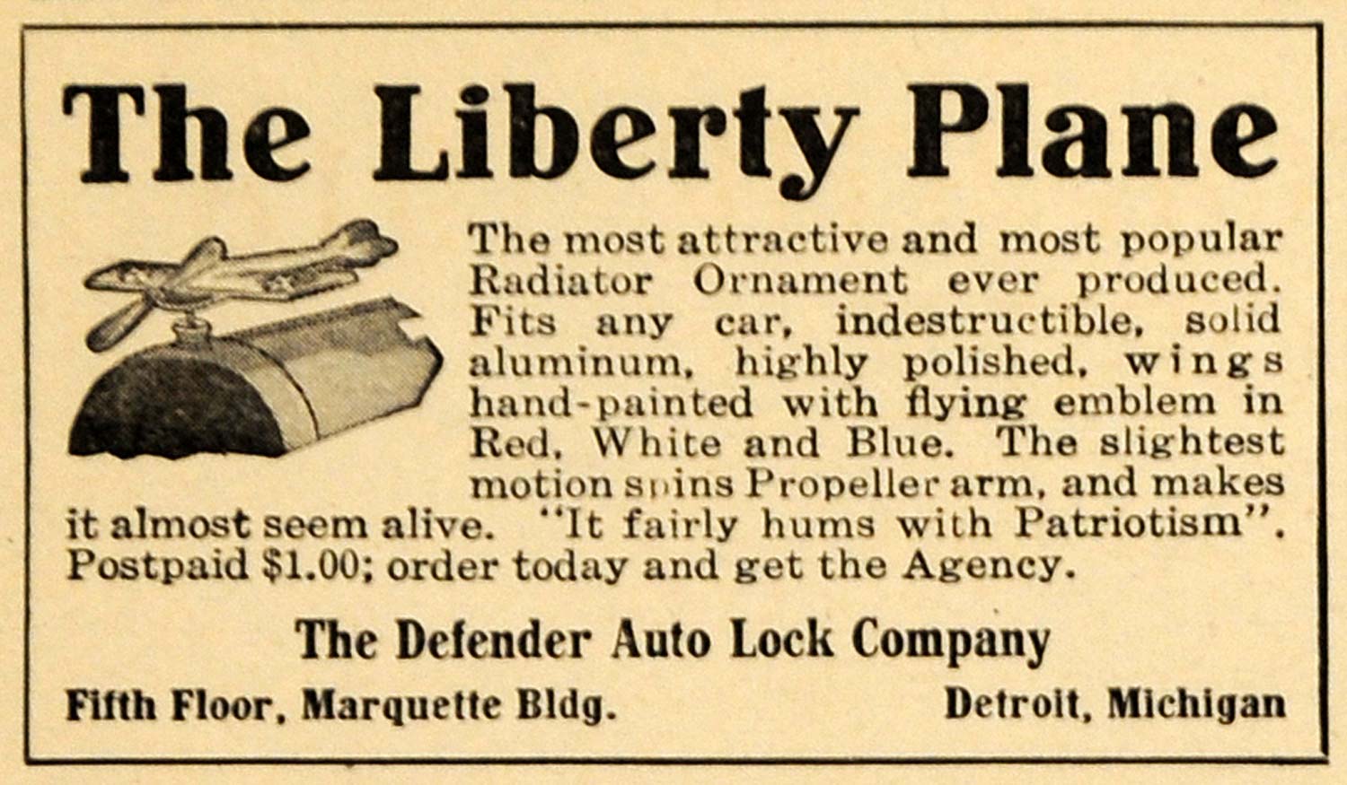 1918 Ad Liberty Plane Defender Auto Lock Car Ornament - ORIGINAL ILW1