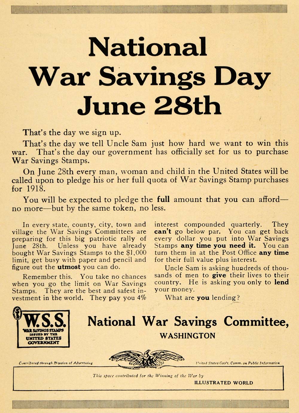 1918 Ad National War Saving Uncle Sam Post Office Stamp - ORIGINAL ILW1
