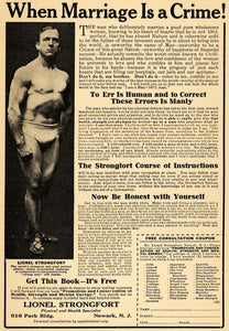 1918 Ad When Marriage is Crime Lionel Strongfort Defect - ORIGINAL ILW1 - Period Paper
