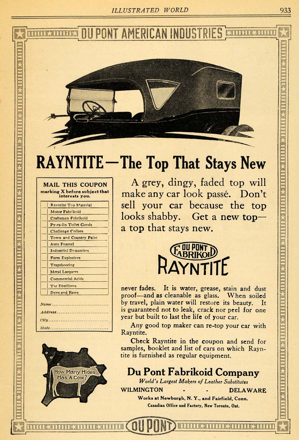1918 Ad Du Pont Fabrikoid Rayntite Antique Car Top - ORIGINAL ADVERTISING ILW1