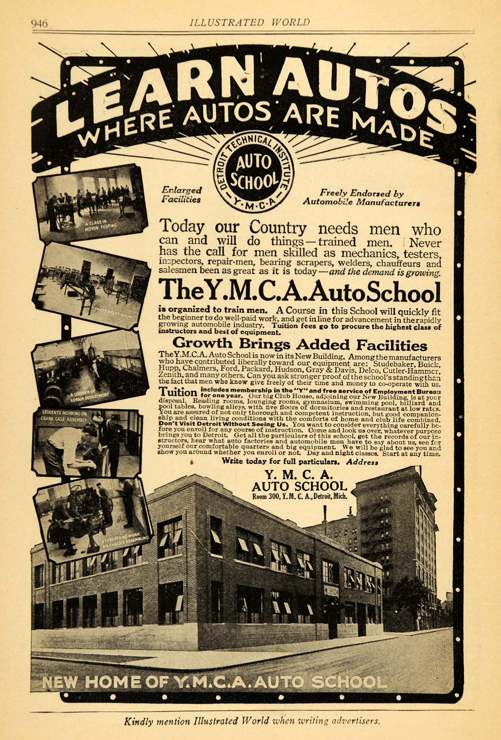 1918 Ad Y.M.C.A. Auto School Detroit Michigan Learn Car - ORIGINAL ILW1