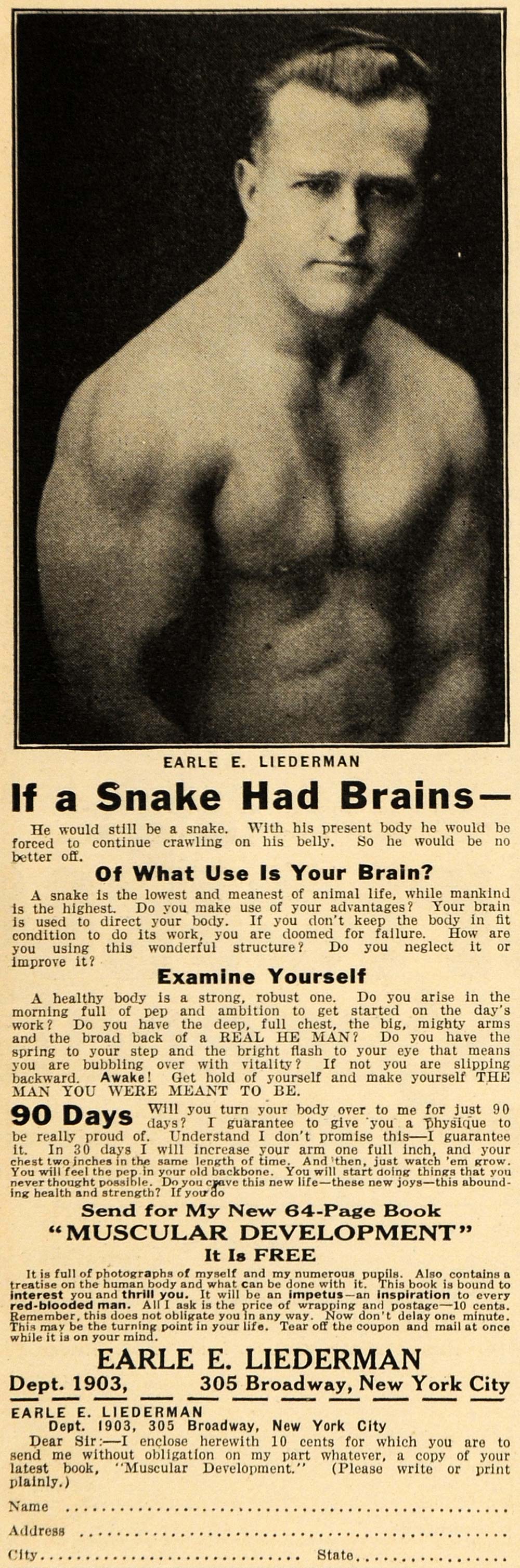 1923 Ad If Snakes Had Brains Earle E. Liederman Muscles - ORIGINAL ILW1