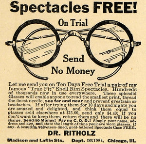 1923 Ad Dr. Ritholz Free Trial Shell Rim Spectacles IL - ORIGINAL ILW1