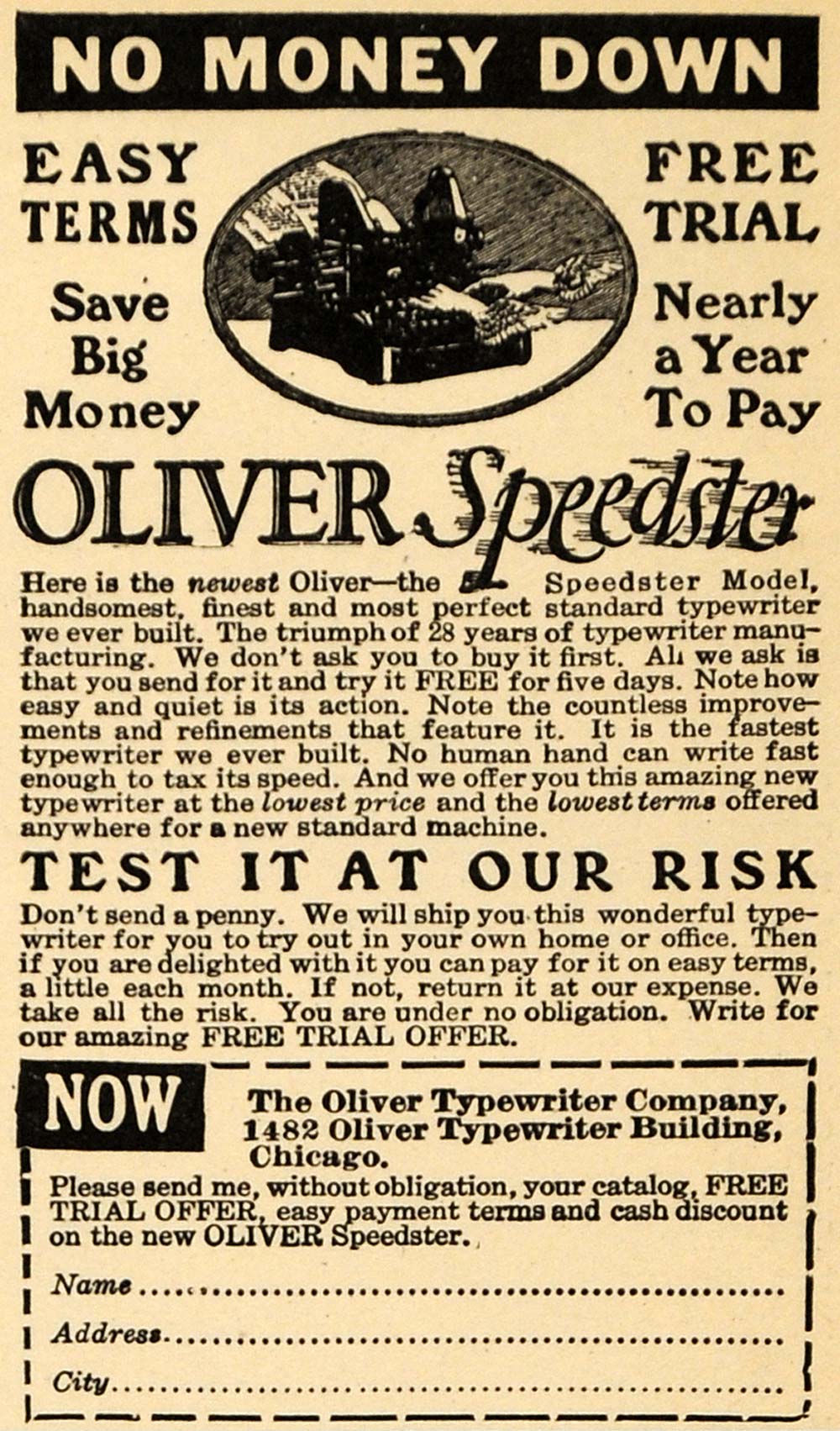 1923 Ad Oliver Speedster Typewriter Free Trial Chicago - ORIGINAL ILW1