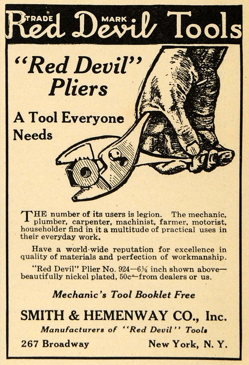 1923 Ad Red Devil Tools Pliers No. 924 Smith Hemenway - ORIGINAL ILW1 ...