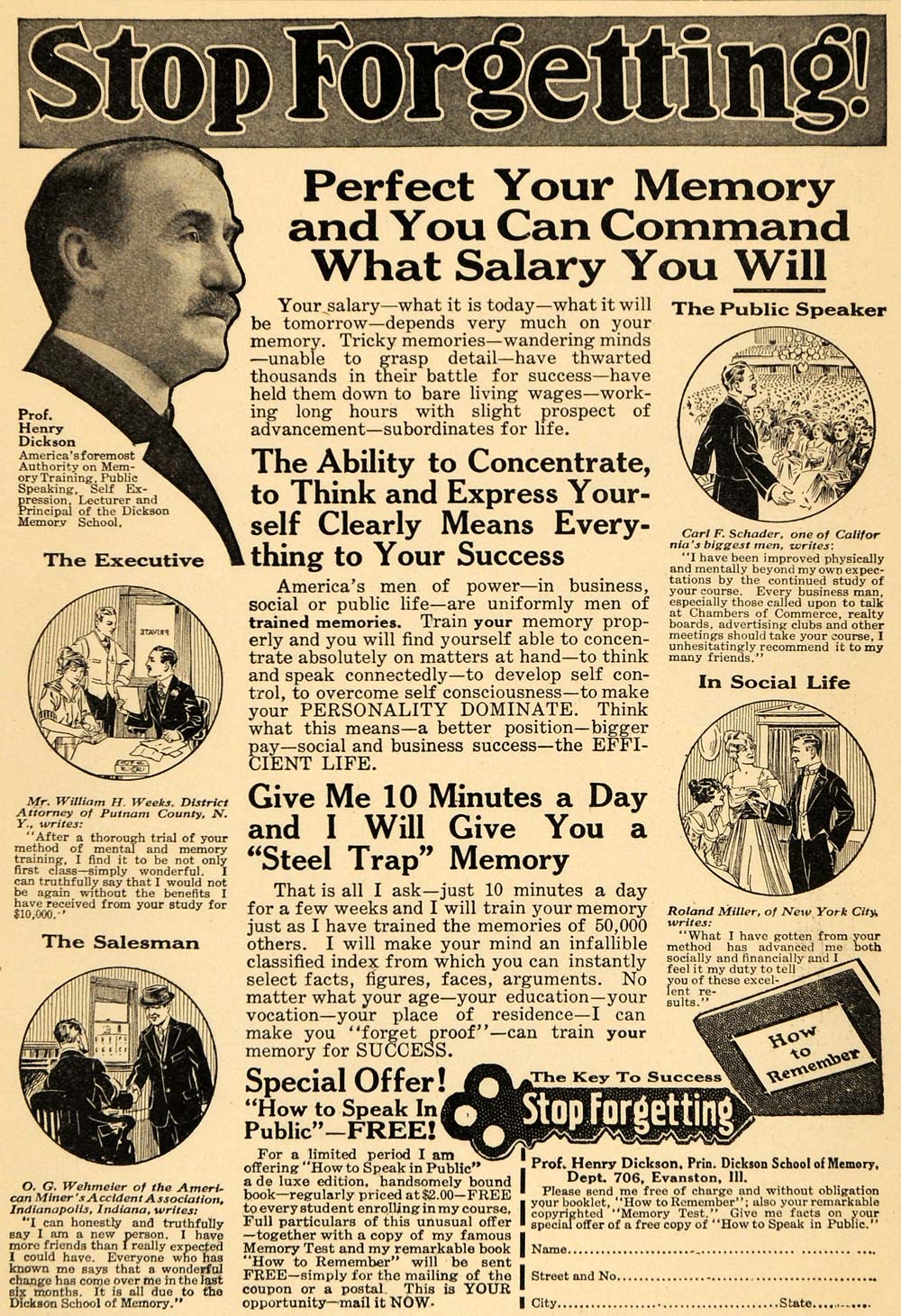 1923 Ad Prof. Henry Dickson Perfect Your Memory Booklet - ORIGINAL ILW1
