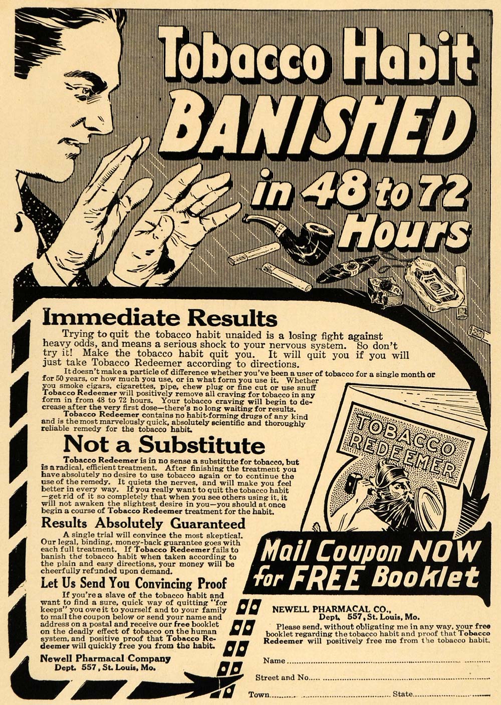 1916 Ad Newell Pharmacal Tobacco Redeemer Quit Smoking - ORIGINAL ILW1