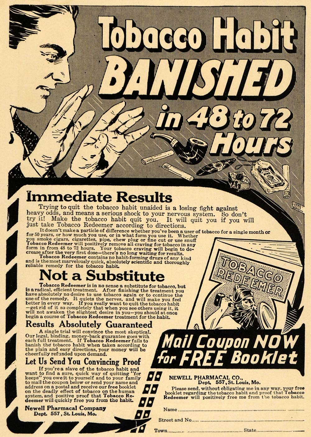 stop tobacco ads 1916 Ad Newell Pharmacal Tobacco Redeemer Quit Smoking