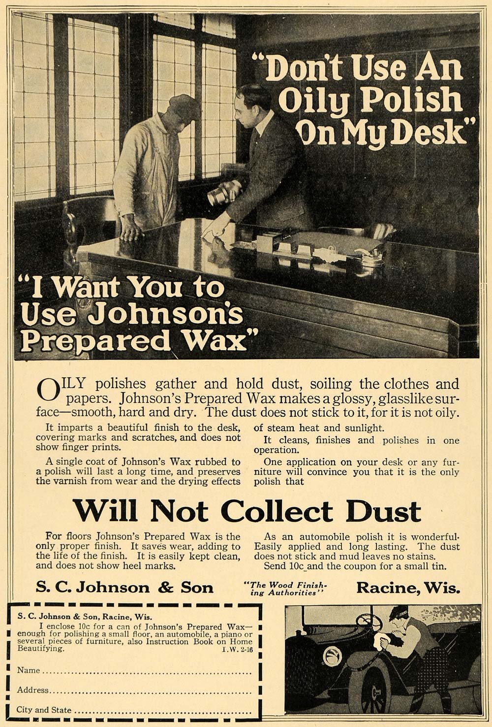 1916 Ad S. C. Johnson Prepare Wax Surface Polish Racine - ORIGINAL ILW1
