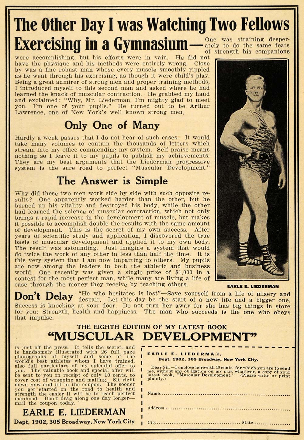 1922 Ad Earle E. Liederman Muscular Development Book - ORIGINAL ADVERTISING ILW1