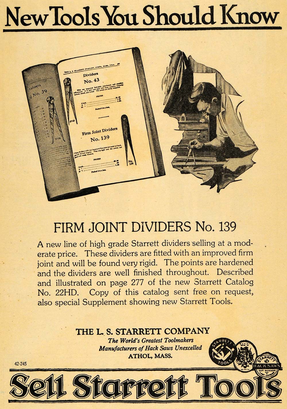 1922 Ad L. S. Starrett Toolmakers Firm Joint Dividers - ORIGINAL ILW1