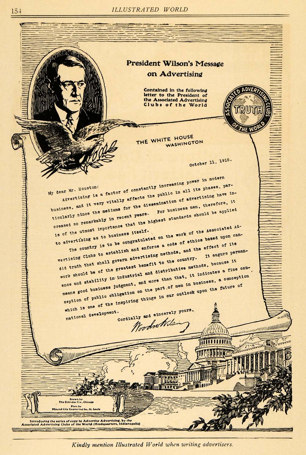 1916 Ad Associated Advertising Clubs Woodrow Wilson - ORIGINAL ADVERTISING ILW1