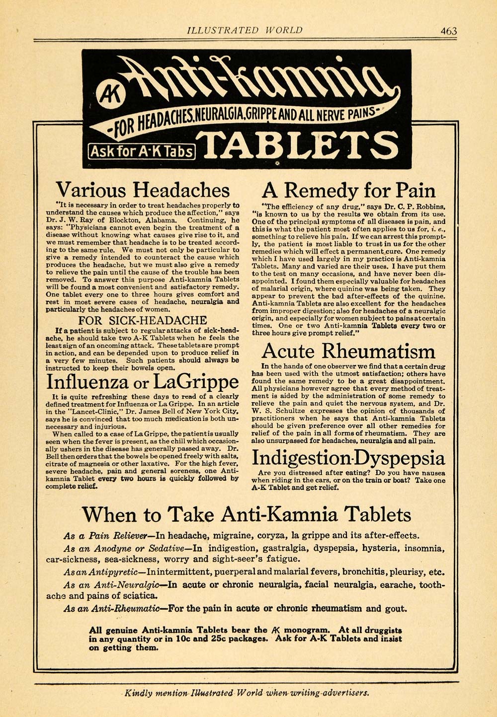 1917 Ad Anti-Kamnia A-K Tablets Medicine Headaches Pain - ORIGINAL ILW1