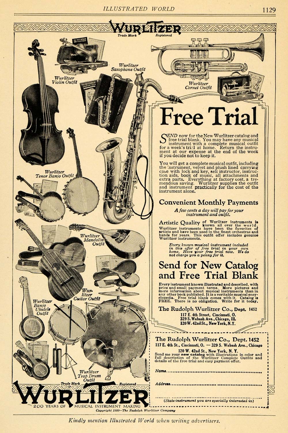1921 Ad Rudolph Wurlitzer Instruments Music Cornet Sax - ORIGINAL ILW1