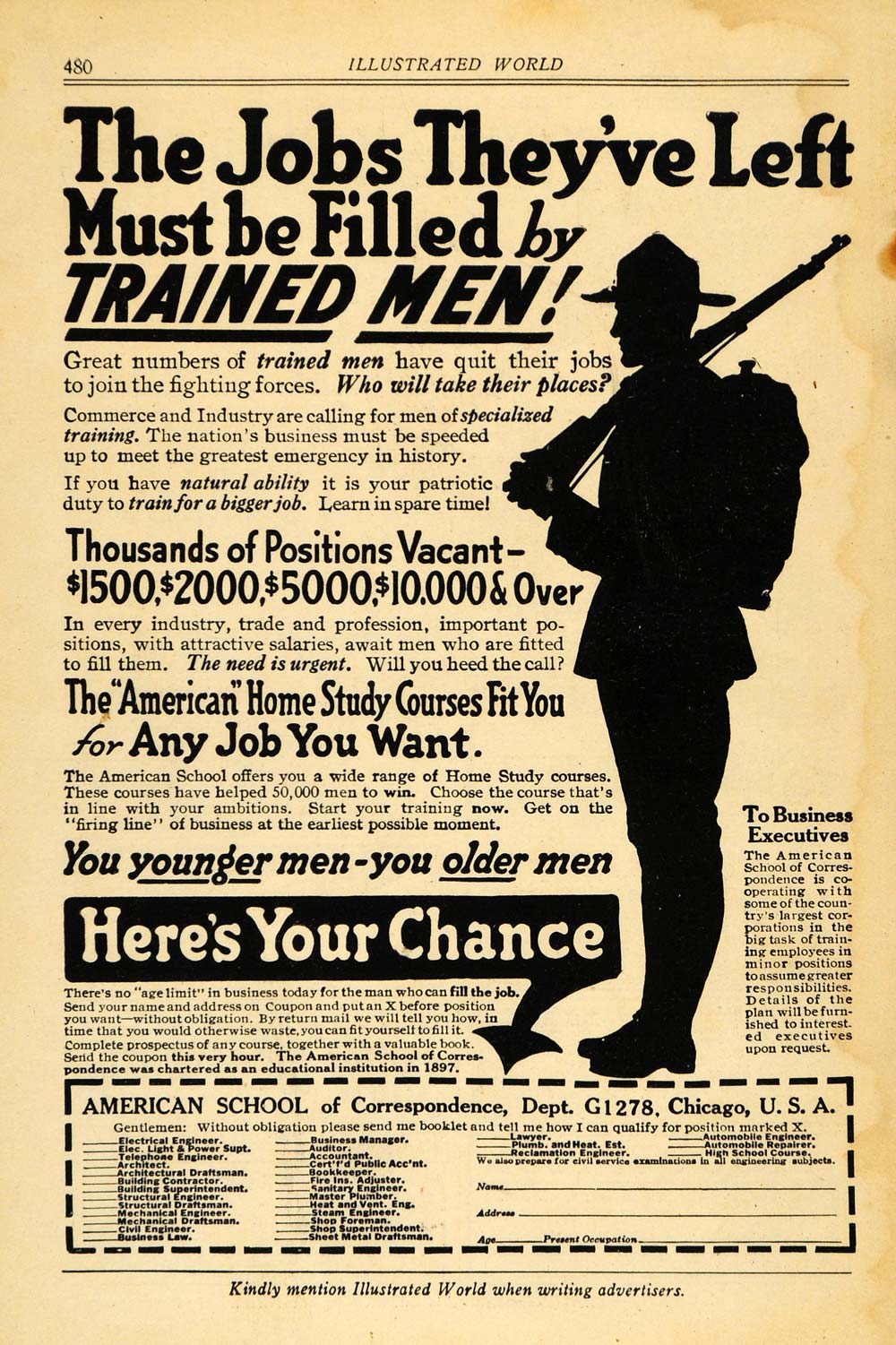 1917 Ad World War I Trained Men Soldier Commerce Trade - ORIGINAL ILW1