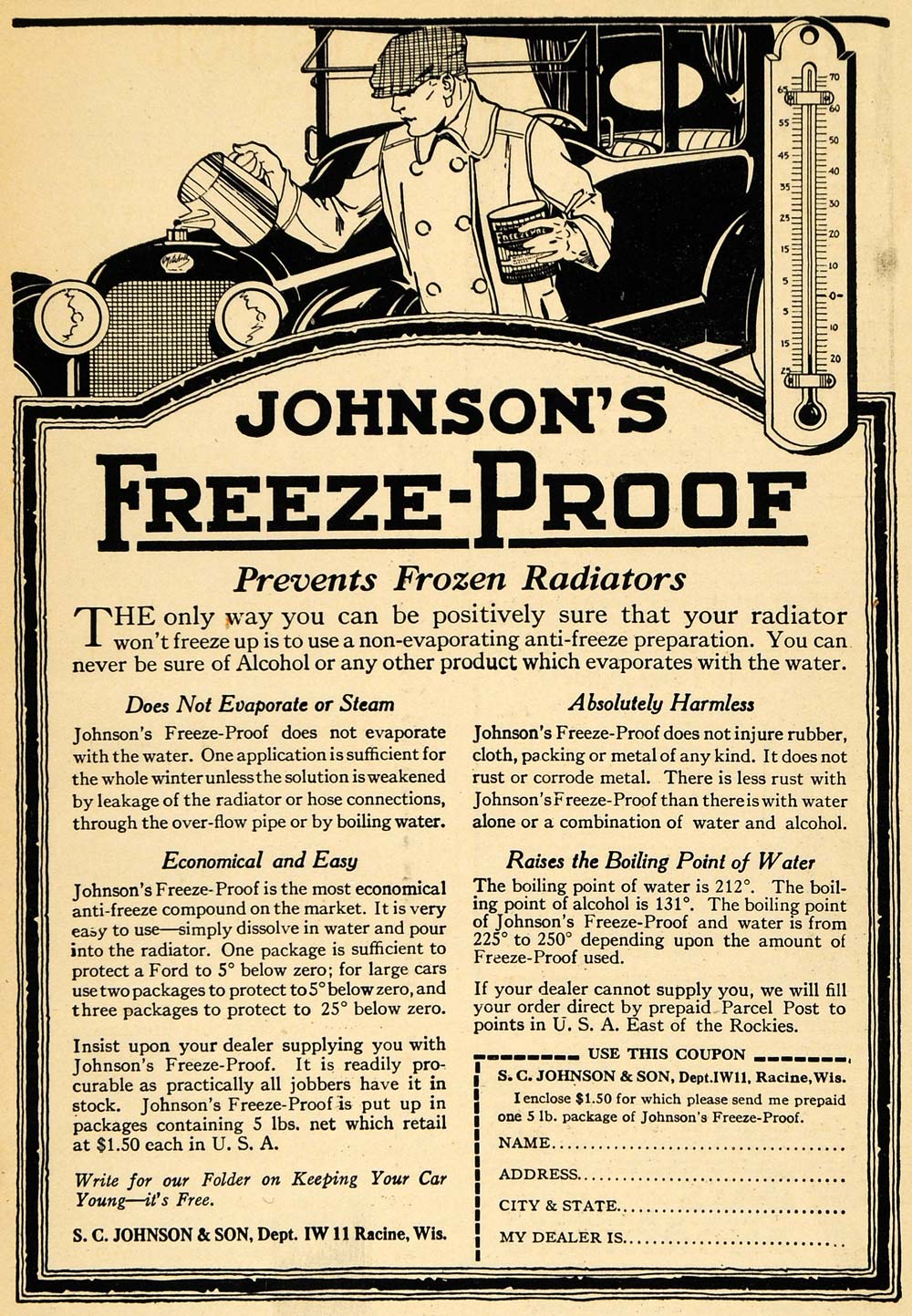 1917 Ad Johnson's Freeze Proof Radiator Racine Engine - ORIGINAL ILW1