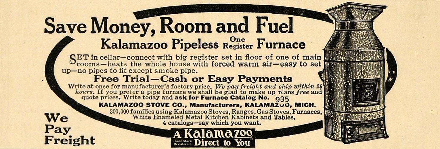 1916 Ad Kalamazoo Pipeless Furnace Cellar Heater Stove - ORIGINAL ILW1