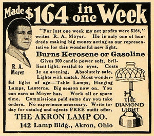 1922 Ad Akron Kerosene & Gas Lamps Decor R. A. Moyer - ORIGINAL ADVERTISING ILW1