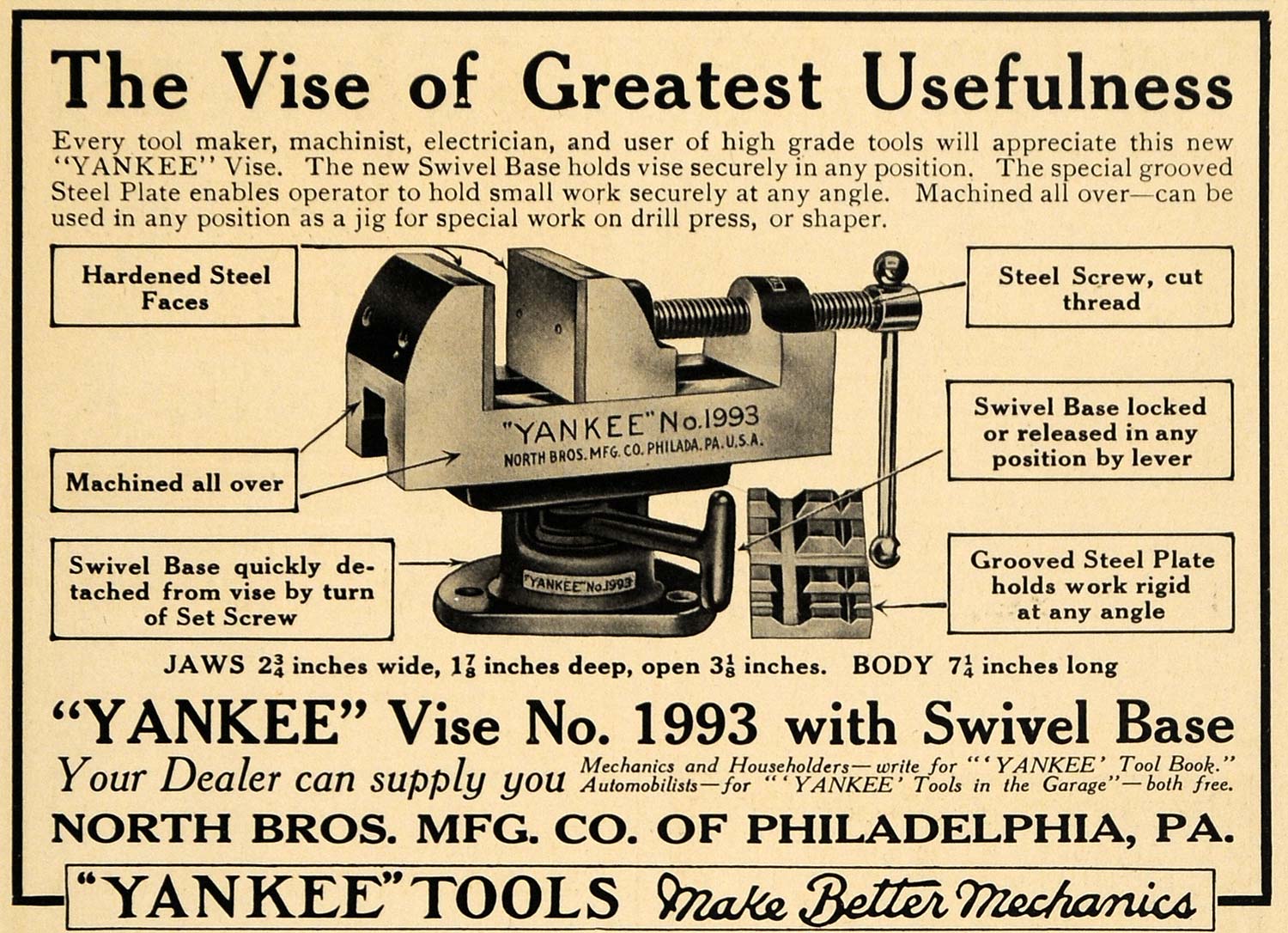 1916 Ad North Bros Tools Yankee Vise Model No. 1993 WWI - ORIGINAL ILW1