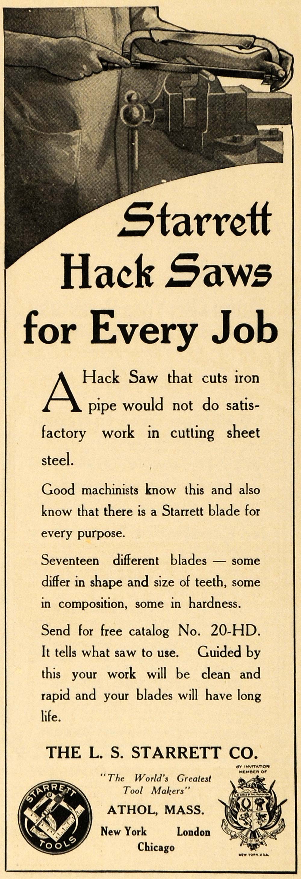 1916 Ad L S Starrett Tool Hack Saws Antique World War I - ORIGINAL ILW1