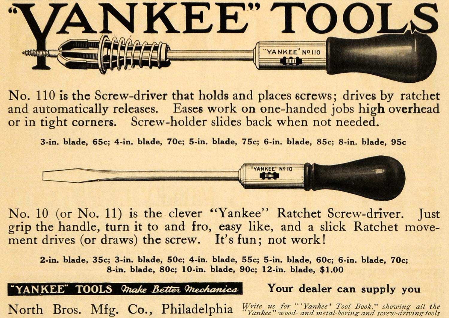 1916 Ad North Bros. Yankee Screwdrivers No 110 & No. 10 - ORIGINAL ILW1