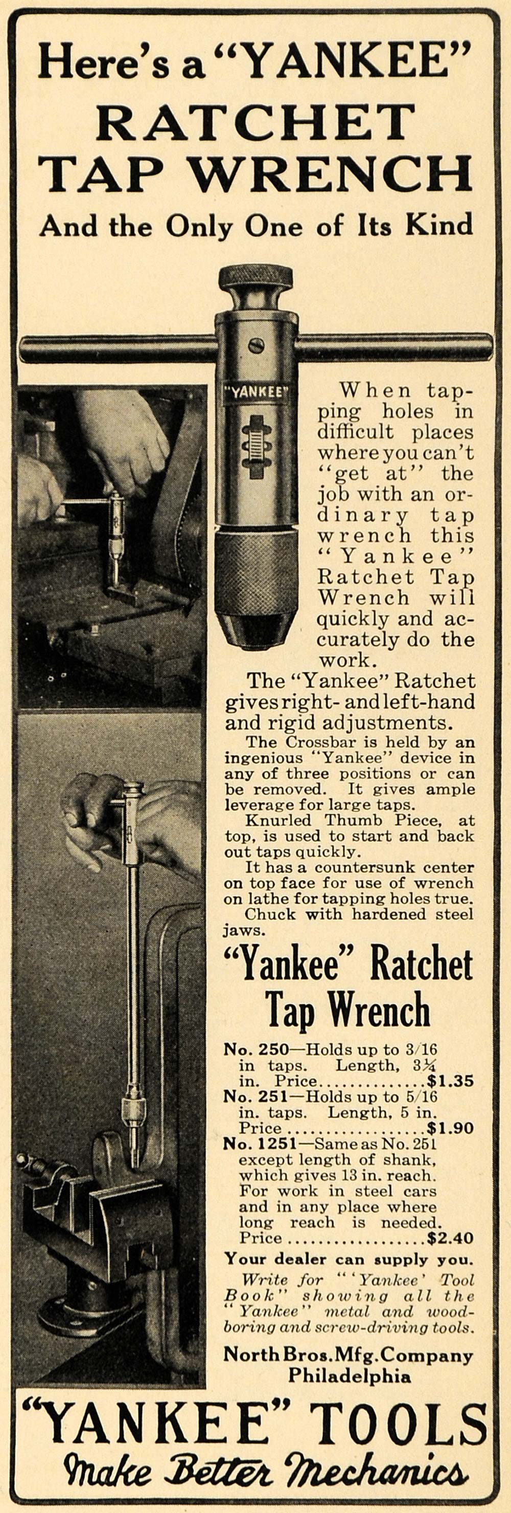 1916 Ad North Bros Yankee Ratchet Tap Wrench Tool WWI - ORIGINAL