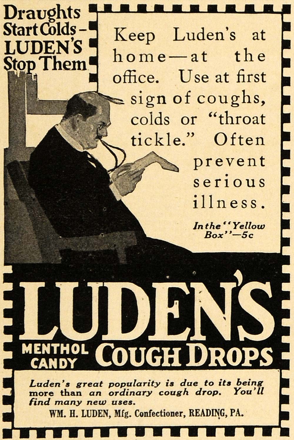 1916 Ad Luden Menthol Candy Cough Drops Remedy WWI - ORIGINAL ADVERTISING ILW1