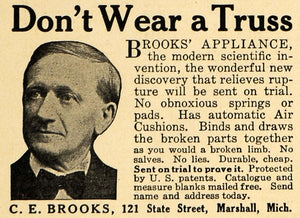1916 Ad C.E. Brooks Rupture Cure Appliance No Truss WWI - ORIGINAL ILW1