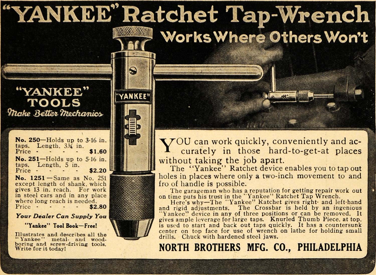 1917 Ad North Bros Yankee Ratchet Tap-Wrench Models WWI - ORIGINAL ILW1