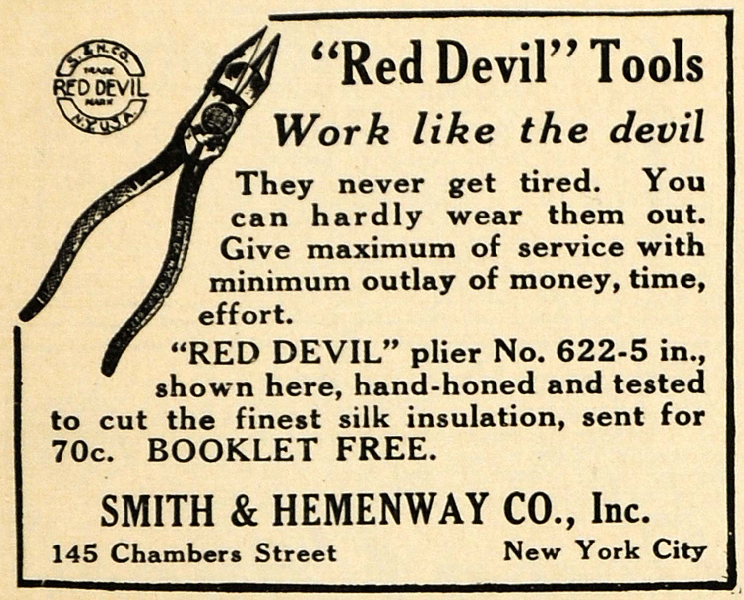 1916 Ad Smith Hemenway Red Devil Pliers Hand Tools NYC - ORIGINAL ILW2