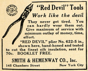 1916 Ad Smith Hemenway Red Devil Pliers Hand Tools NYC - ORIGINAL ILW2