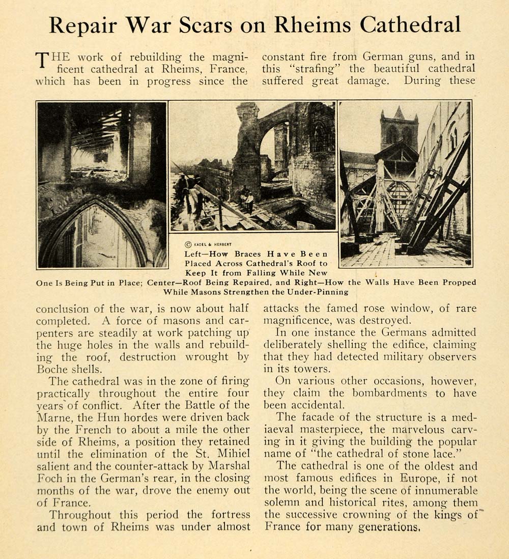 1920 Print Rheims Cathedral Religion France Rebuilding ORIGINAL HISTORIC ILW2