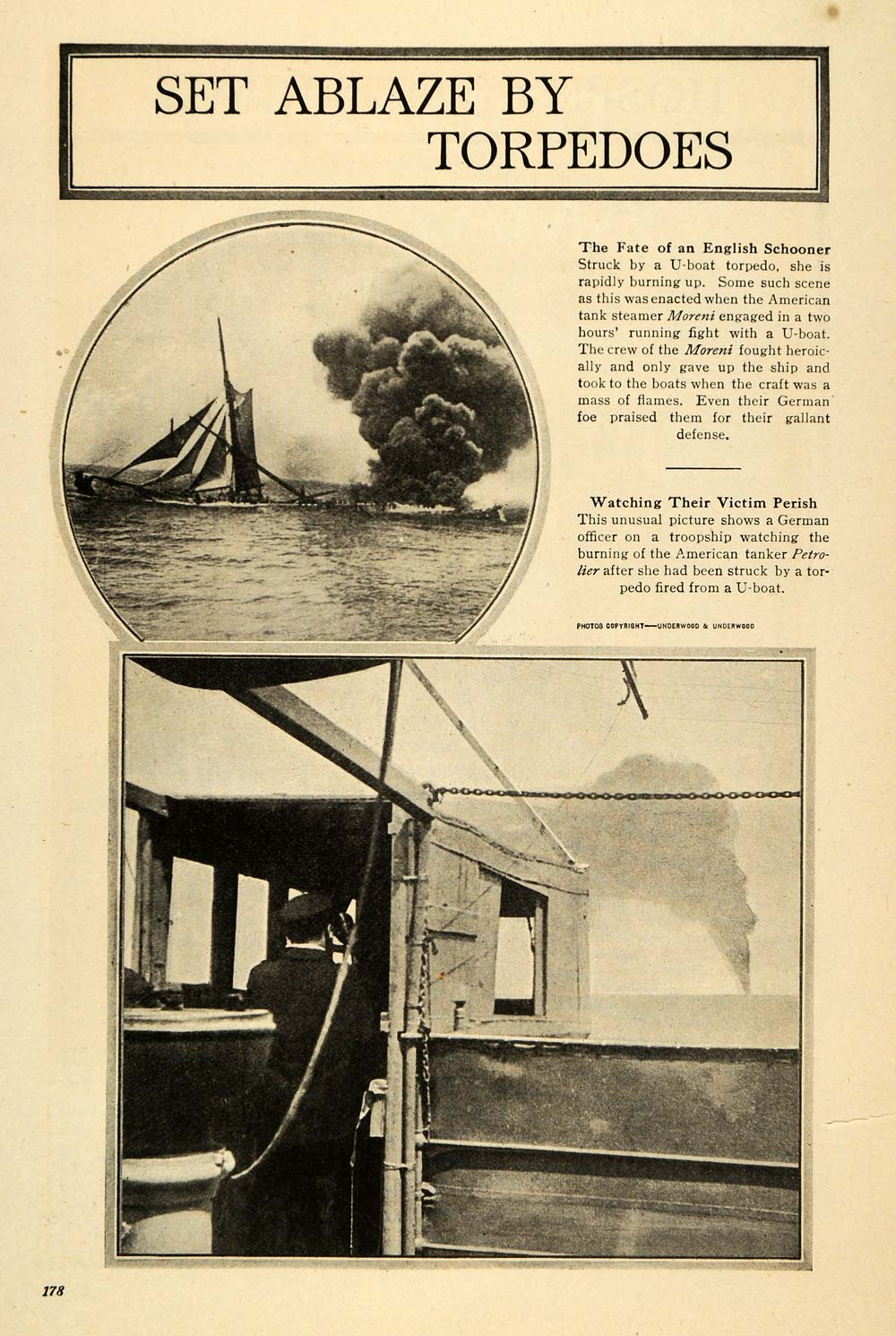 1917 Print Tank Ship Sinking German U-Boat Torpedo WWI ORIGINAL HISTORIC ILW2