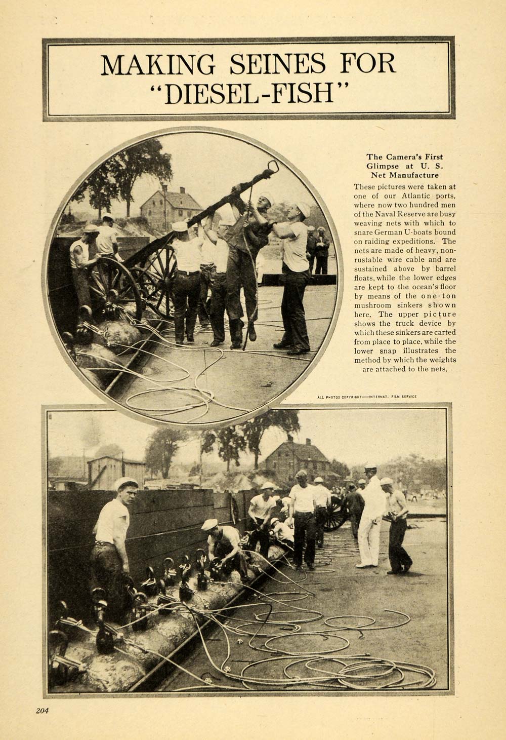 1917 Print American Navy Net German U-Boat Catching WWI ORIGINAL HISTORIC ILW2