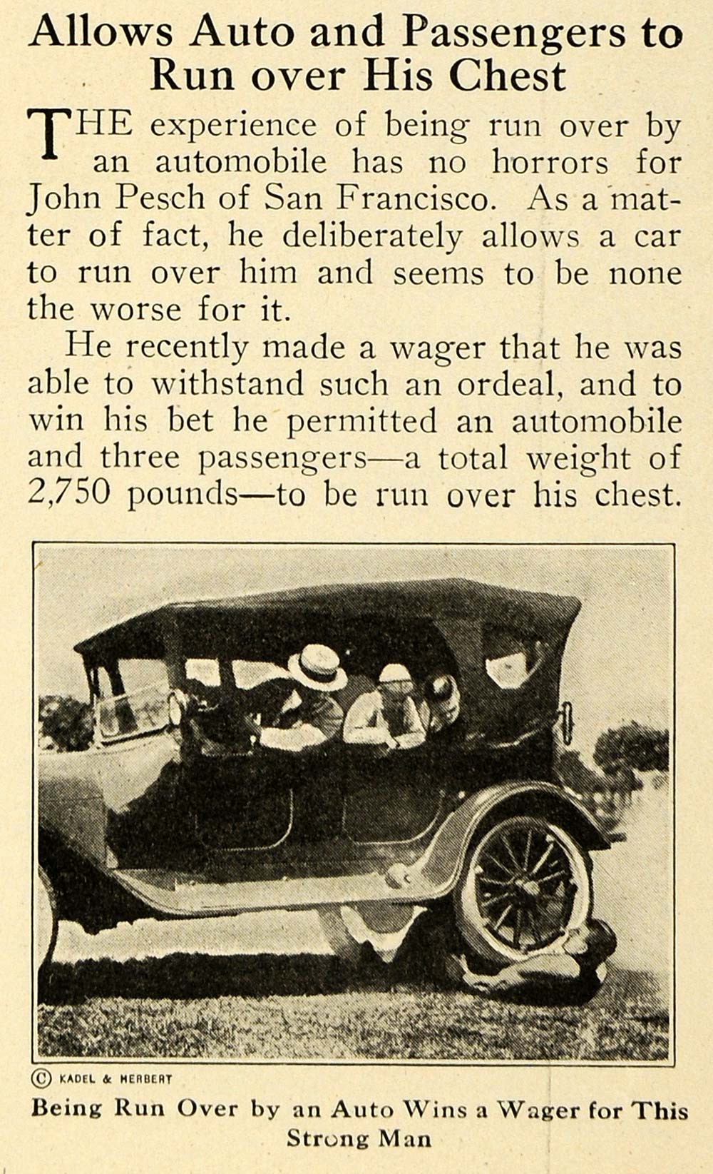 1921 Print Strongman John Pesch Survives Runover By Car ORIGINAL HISTORIC ILW2