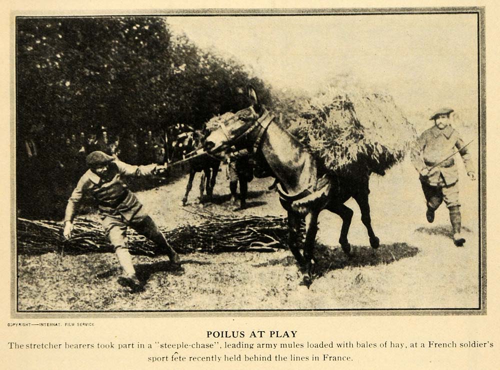 1917 Print French Stretcher-Bearers Mule Race Games WWI ORIGINAL HISTORIC ILW2