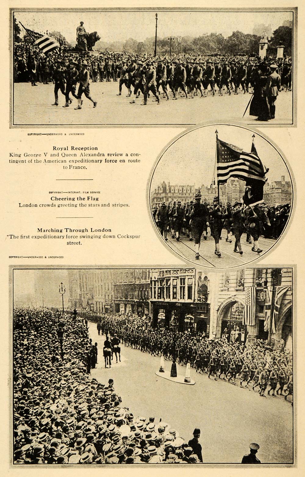 1917 Print WWI American Troops March London to France - ORIGINAL HISTORIC ILW2