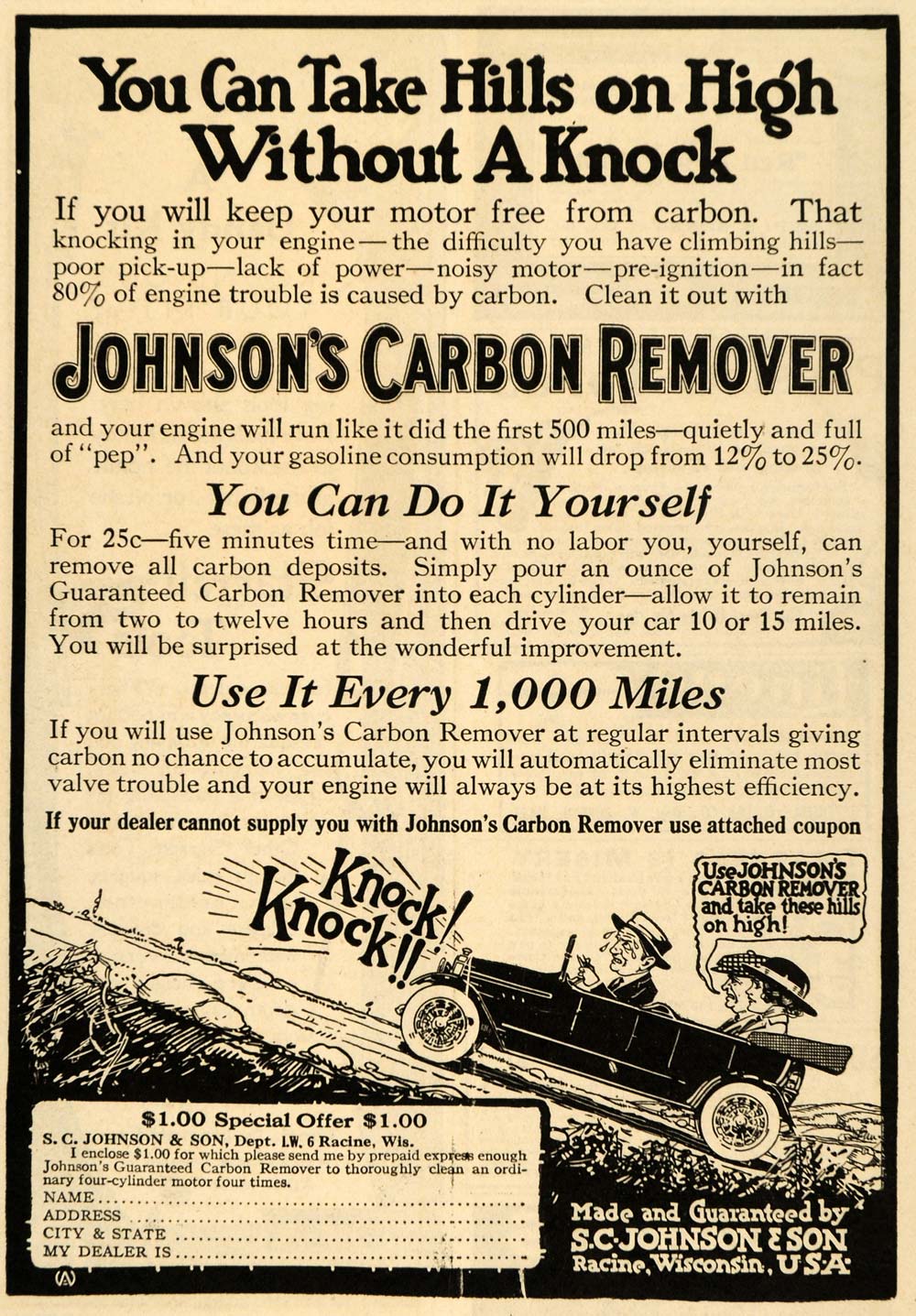 1917 Ad S. C. Johnsons Carbon Remover Car Engine Racine - ORIGINAL ILW2