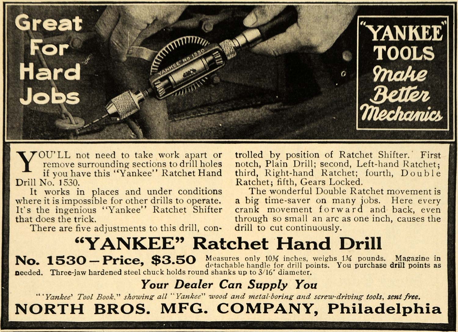1917 Ad Yankee Ratchet Hand Drill Tools North Bros PA - ORIGINAL ILW2