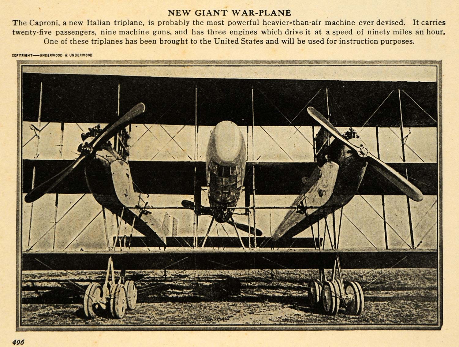 1917 Print Italian Triplane Caproni WWI War Plane - ORIGINAL HISTORIC IMAGE ILW2
