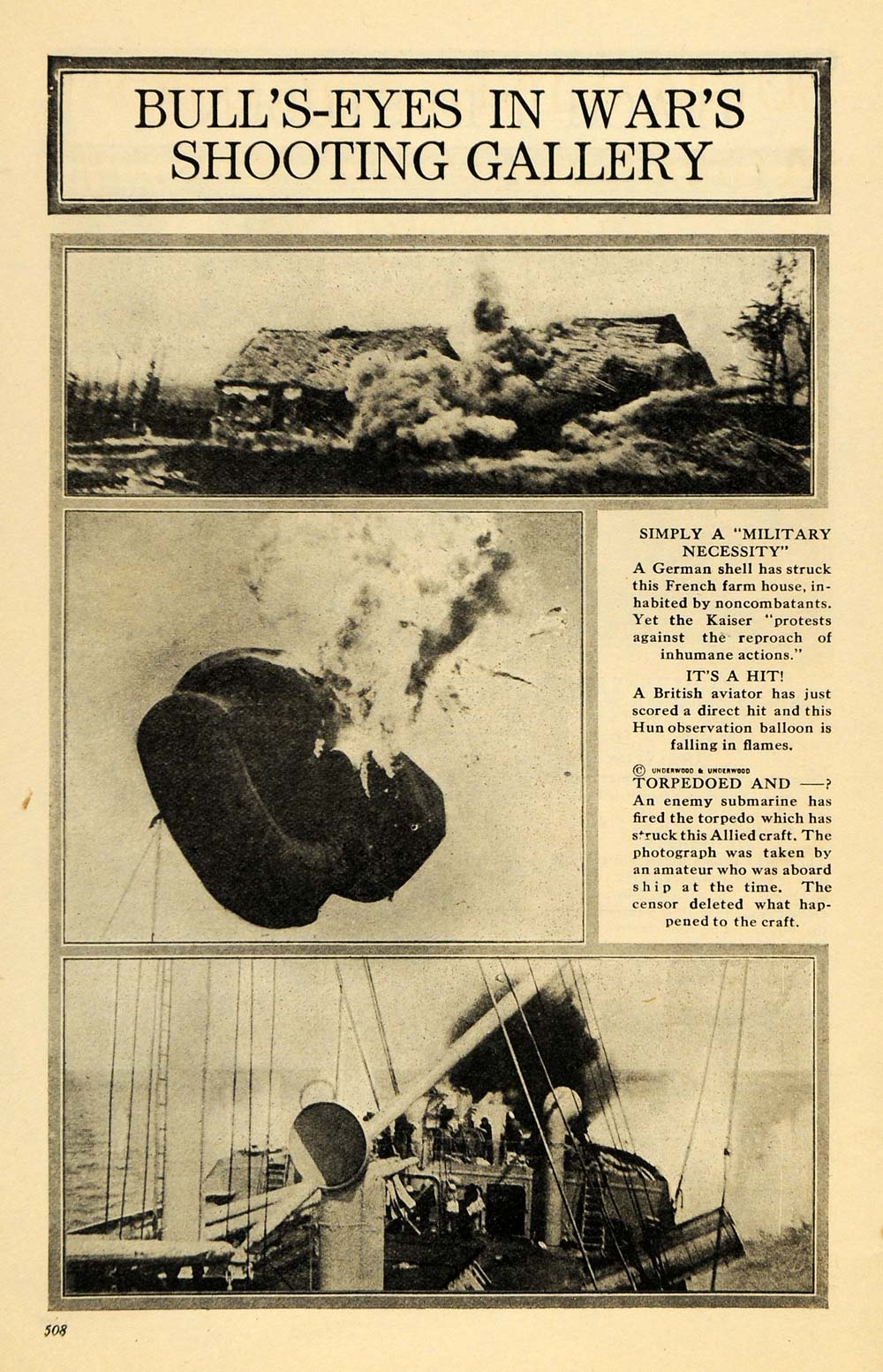 1916 Print Warfare Artillery Fire Explosion Torpedo WWI ORIGINAL HISTORIC ILW2