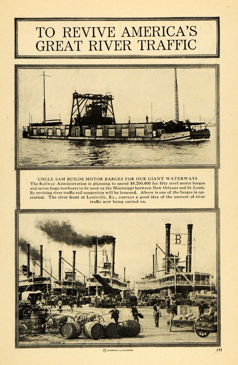 1918 Print Railway Administration Barges Mississippi - ORIGINAL HISTORIC ILW2
