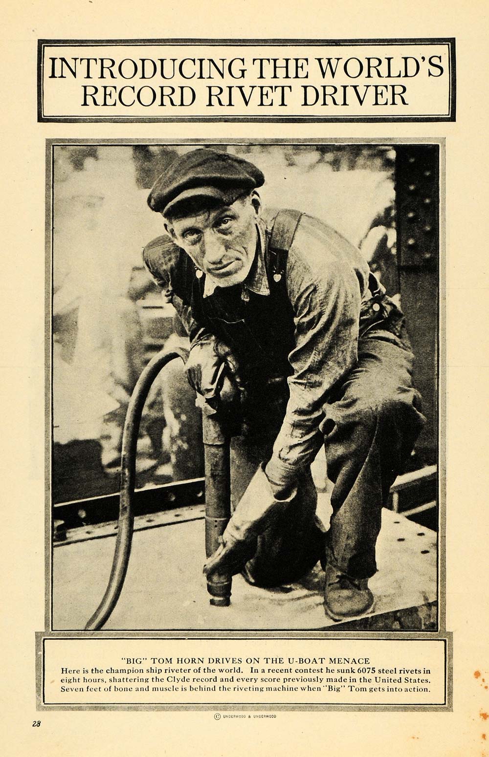 1918 Print Big Tom Horn U-Boat Ship Sinking Riveter WWI ORIGINAL HISTORIC ILW2
