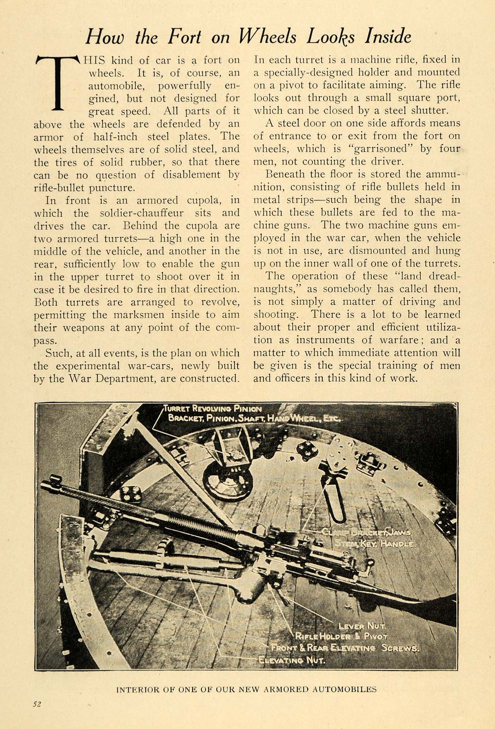1916 Print Fort Wheels War Warfare Automobile Gun Rifle - ORIGINAL ILW2