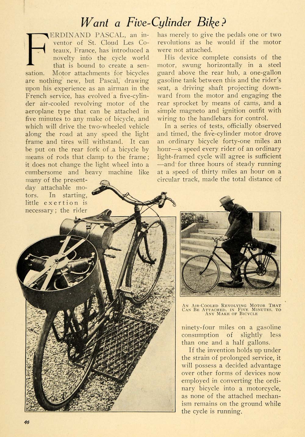 1916 Print Five Cylinder Bike Ferdinand Pascal French - ORIGINAL HISTORIC ILW2