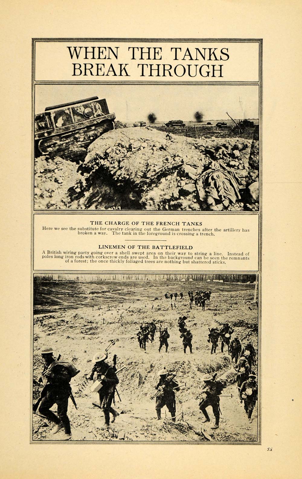 1917 Print French Tanks Charge Enemy German Line WWI - ORIGINAL HISTORIC ILW2