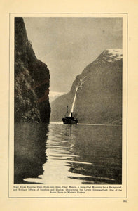 1922 Print Geirangerfjord Norway River Rock Faces Boat ORIGINAL HISTORIC ILW2